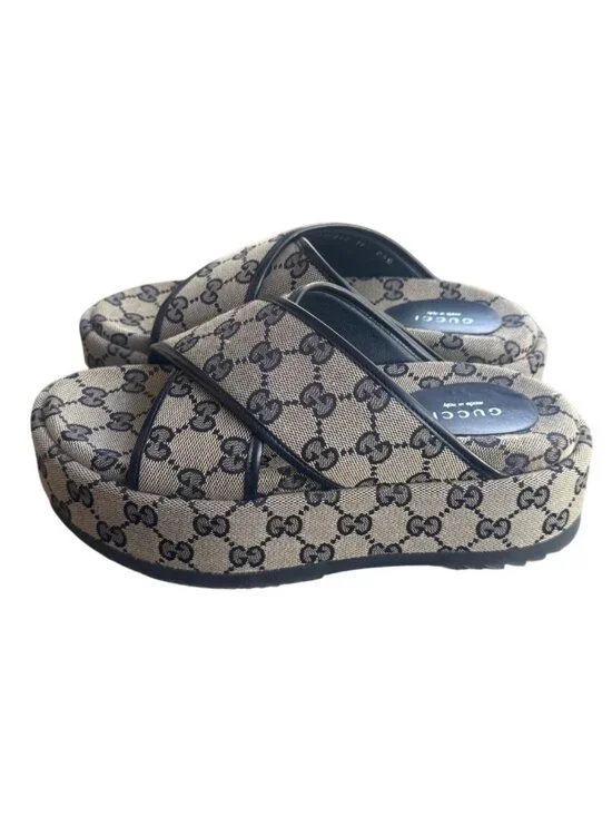 Gucci GG Canvas Platform Sandals Beige/Black Womens Size 36 Made In Italy - Picture 11 of 15